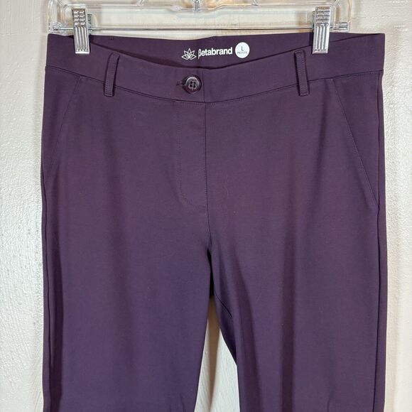 Betabrand Pull On Dress Pants Large Petite Burgundy Flare Stretch Rayon Ponte - Picture 2 of 5